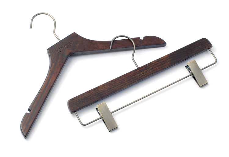 Garment usage antique wood hangers with antique brass metal accessories