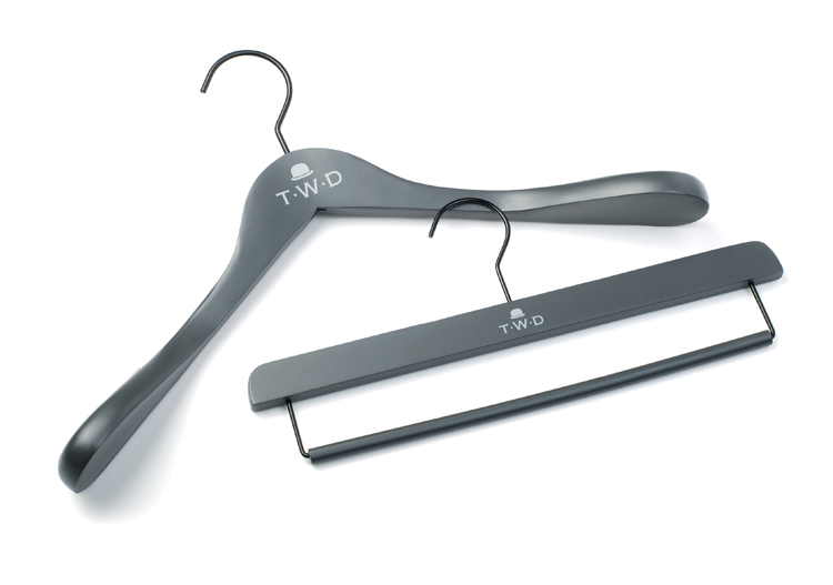 Set Printed LOGO Gray Wooden Hangers for coat and pants