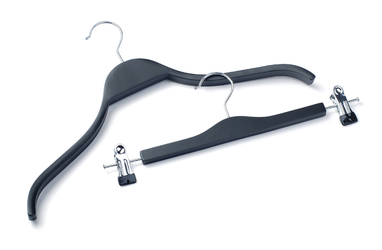 black laminated adult hangers for top and bottom