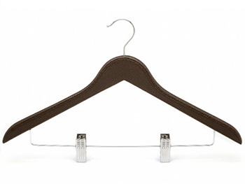 Brown PU Wooden Clothes Hanger with Clips