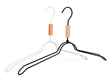Special Design Black and White Metal Wire Coat Clothes Hanger with Beech Wood Block on Neck