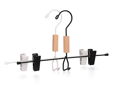 Multifunction Tie/Belt Hook Design Black and White Metal Wire Pant Skirt Clip Hangers with Beech Wood Block on Neck