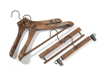 Custom Matt Antique Finish Ash Wood Hangers with Gun Black Hook Clips 