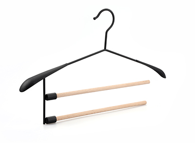 Extra Wide Shoulder Metal Hanger with 2 Open Ended Wood Round Bar 