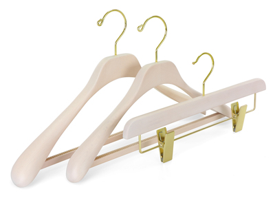 Deluxe branded custom wooden clothes hangers with gold accessories