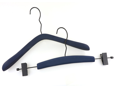 Deluxe custom dark blue wooden clothes hangers with black accessories