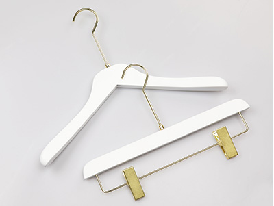 Premium Luxury Wooden White Clothes Hanger with Gold Hook and Clips