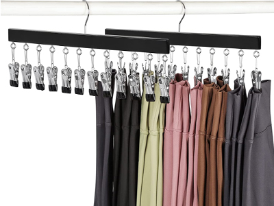 Black Wooden Hangers Closet Leggings Organizer with 12 Metal Clips