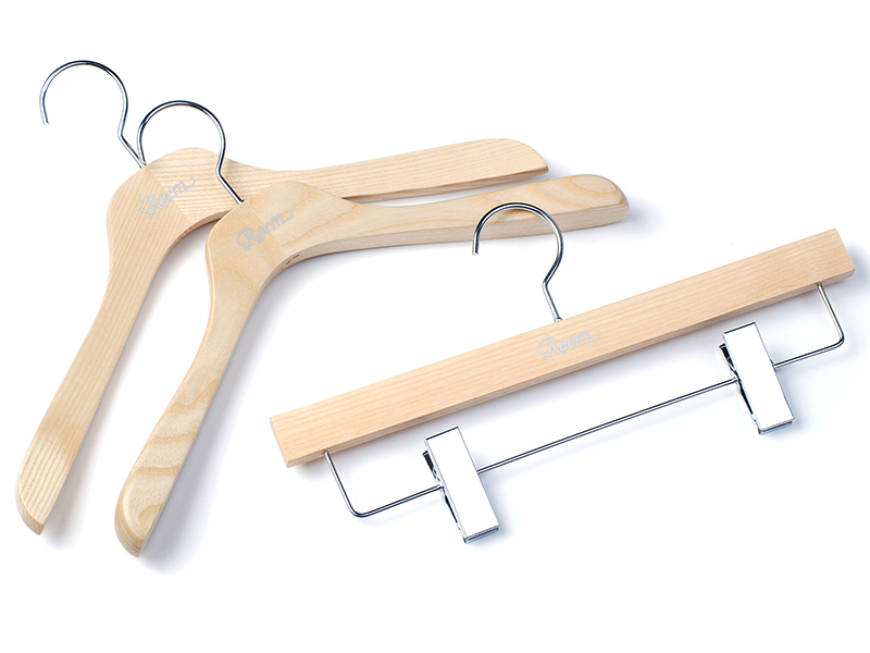 Personalized Branded Custom Natural Ash Wood Coat Pants Hangers with Chrome Clips