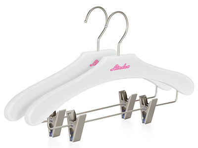 Custom White Wooden Hangers Premium Non Slip Pants Hangers with Adjustable Clips