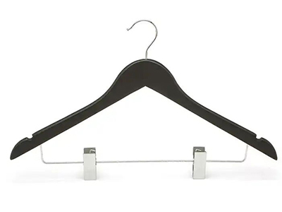 Assessed Supplier Clothes Display Black Wooden Suit Hanger with Metal Clips