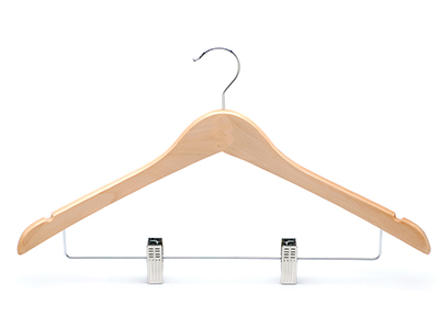 Contour Shape Natural Wood Suit Hangers with Metal Clips