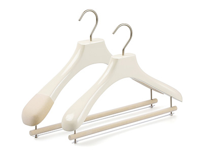 Luxury Oyster White Coat Hanger High Quality Customized Logo Wood Suit Hangers with Non Slip Pants Bar