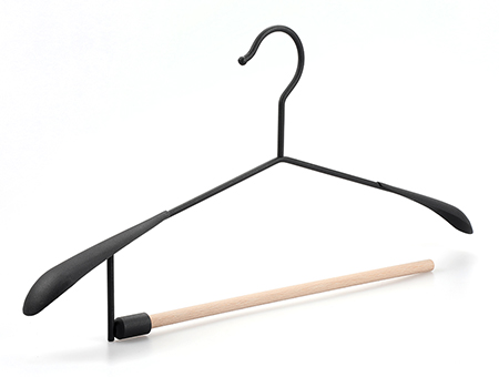 New Matte Black Metal Coat Hanger with Open End Natural Color Beech Wood Bar for Pant