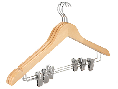  Wholesale Collection Skirt Clamp Natural Wooden Suit Hangers with Clips