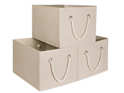 Beige Open Cubes Folded Storage Bin with Cotton Rope Handles