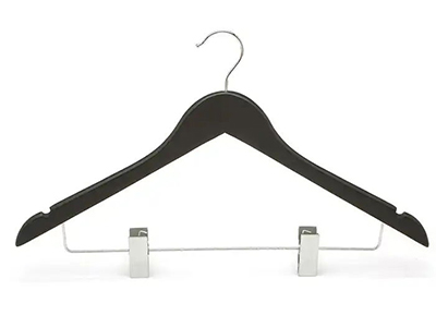  Assessed Supplier Clothes Display Black Wooden Suit Hanger with Metal Clips